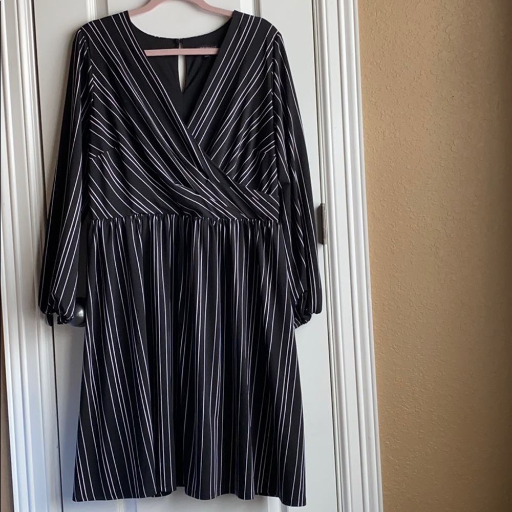 Lane Bryant Black&White Striped Deep V-Neck Dress